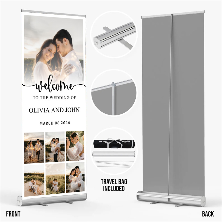 Customized wedding retractable banners - personalized photo wedding welcome signs, reception decorations and background curtains